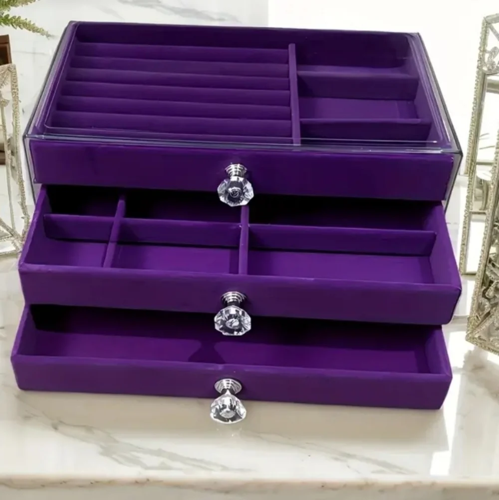 🆕️ ROYAL PURPLE VELVET JEWELRY ORGANIZER BOX - 3 DRAWER - Picture 3 of 6